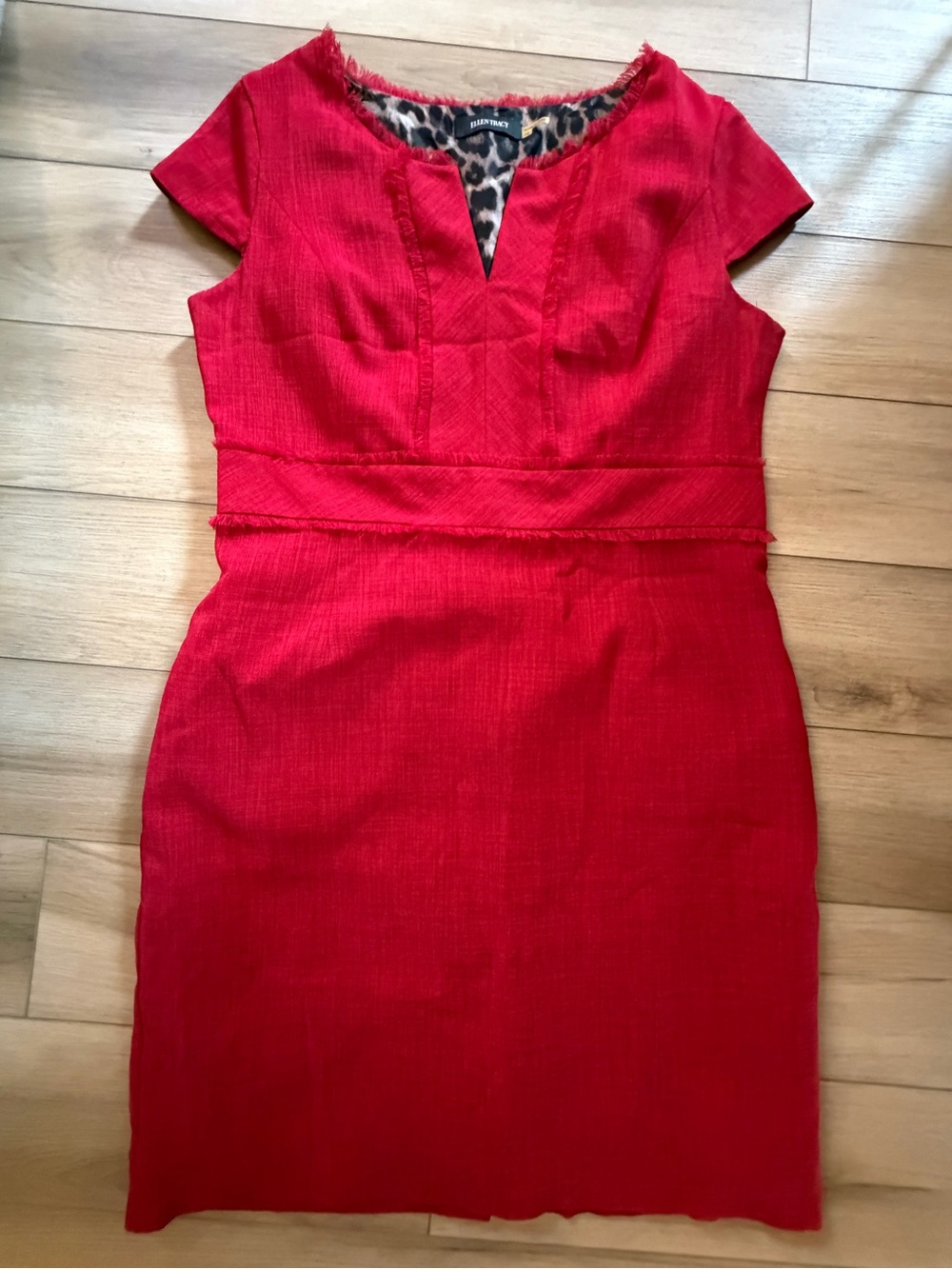 Ellen Tracy Red Cap-Sleeve Sheath Dress with Leopard Trim